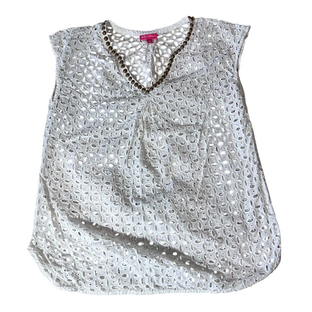 Lilly Pulitzer White Eyelet Swim Coverup with Gold Trim